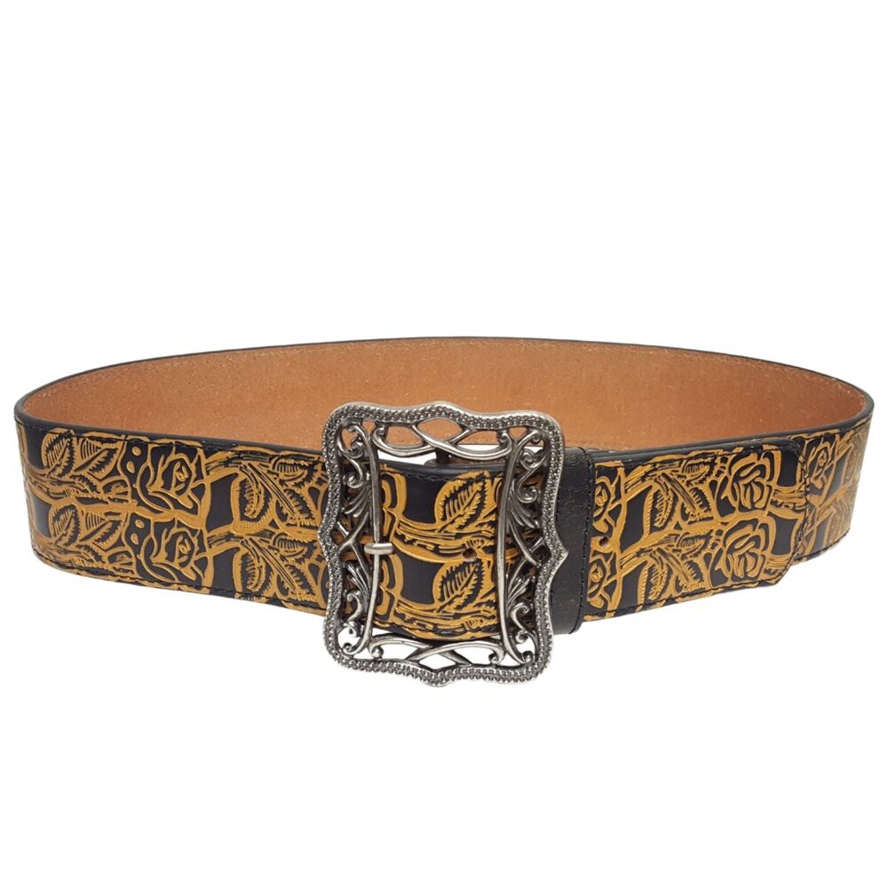 Western Wide Width Rose Embossing Leather Belt